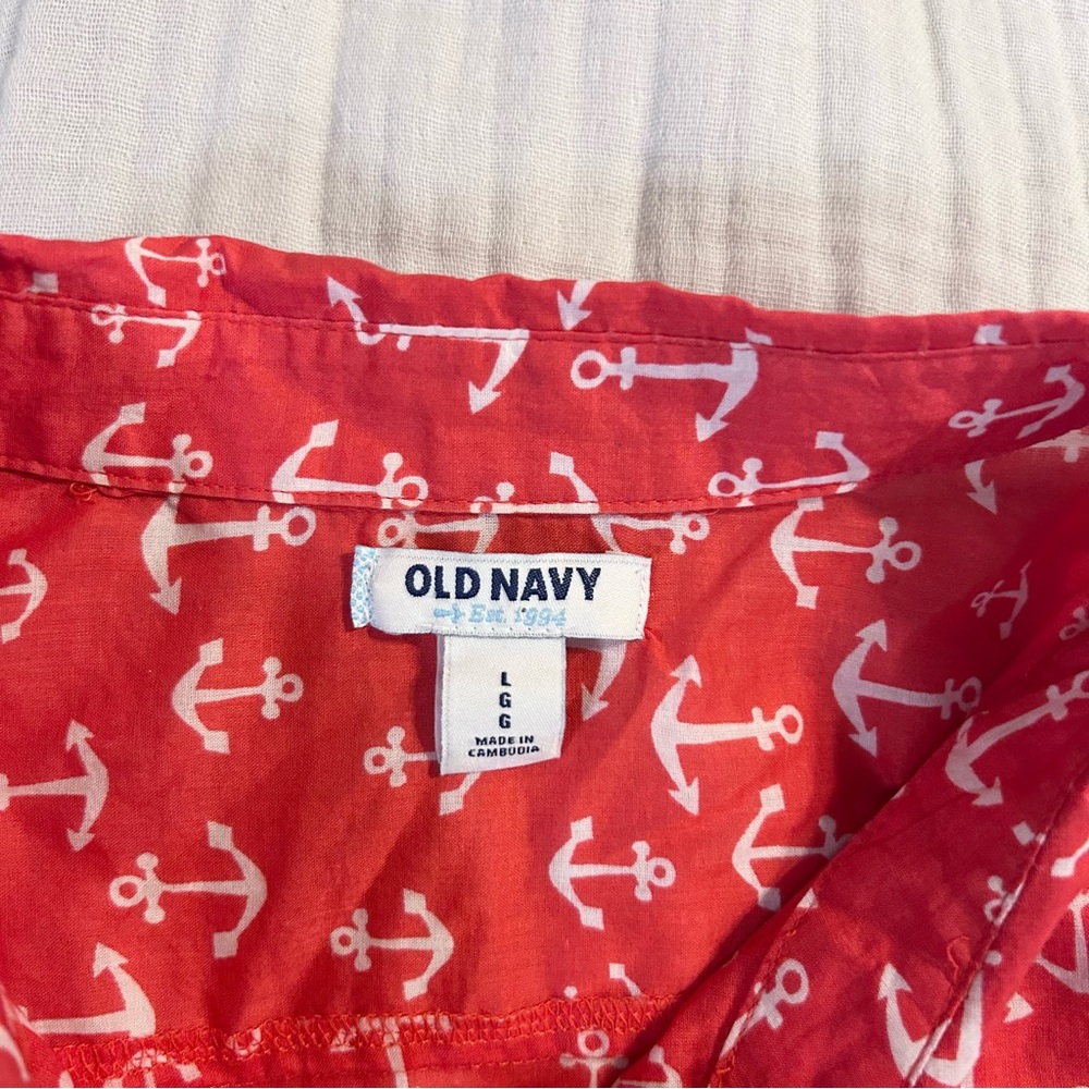 Old Navy Women’s Coral Red Anchor Print Cotton Button Down Shirt Sz L - Picture 4 of 6